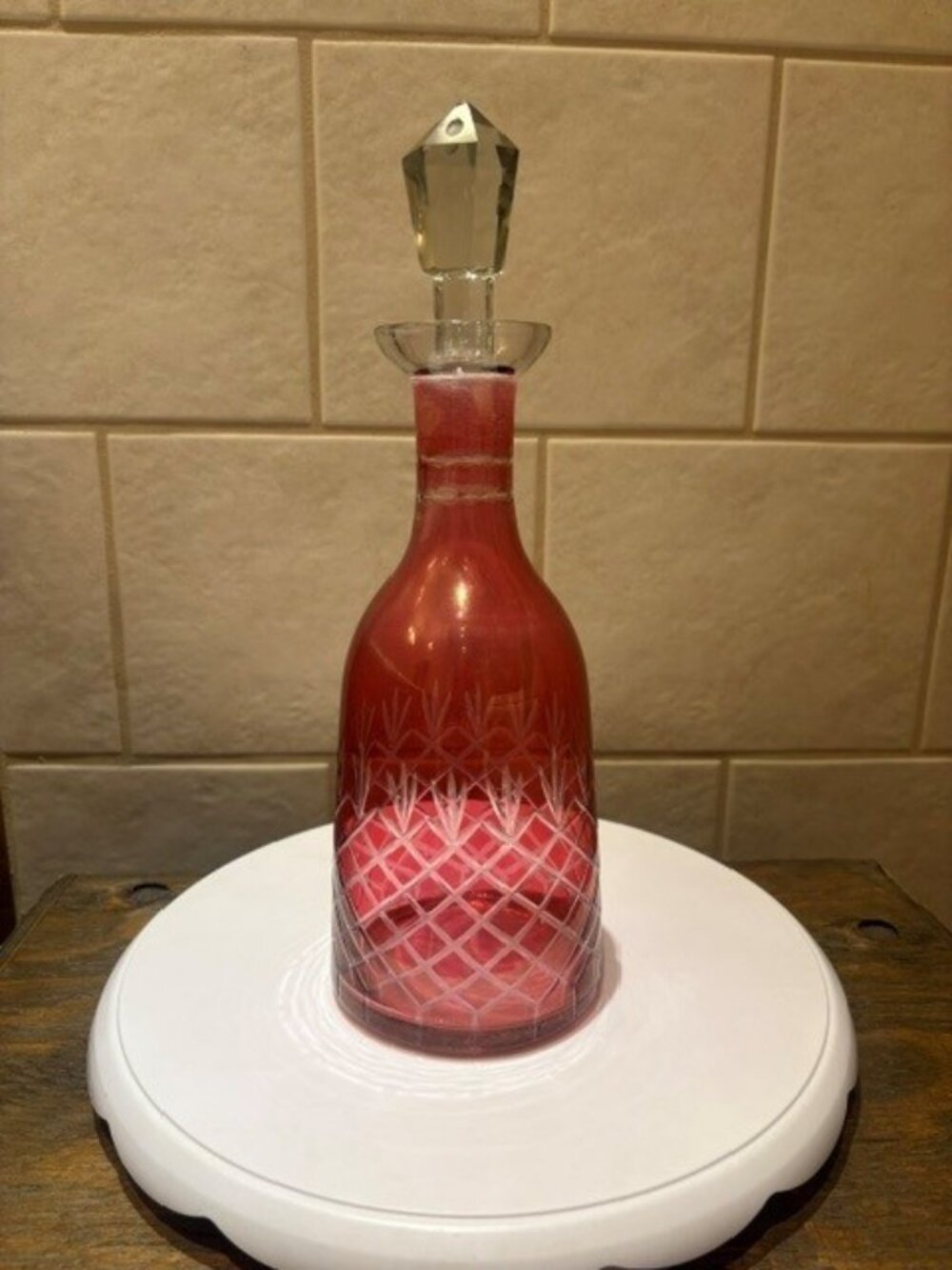 Vintage Red Cut Glass Geometric Pattern Decanter French Wine Bottle Carafe